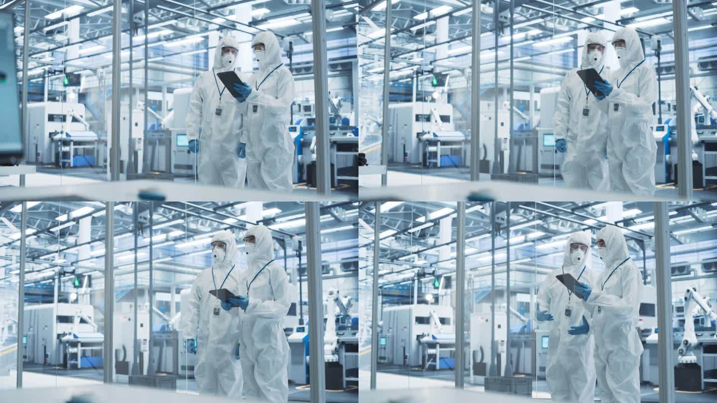 研发工厂洁净室:工程师们穿着工作服和护目镜一边说话一边使用平板电脑。利用精密机械从事先进电子制造的科