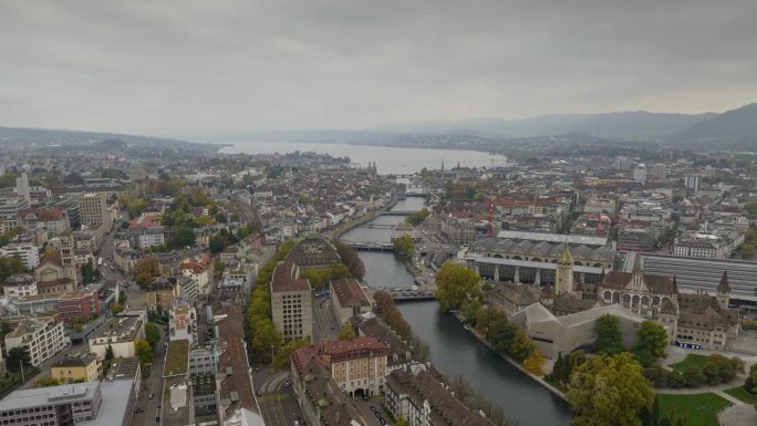 下雨天苏黎世市景航拍全景延时4k瑞士
