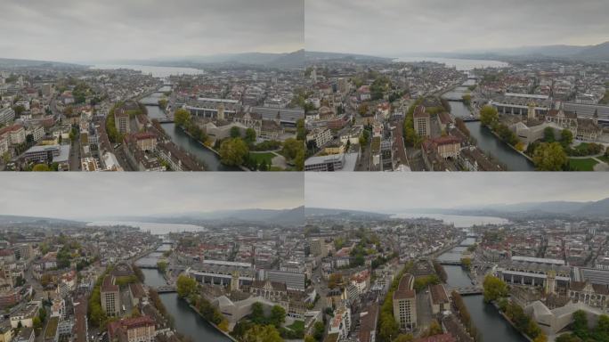 下雨天苏黎世市景航拍全景延时4k瑞士