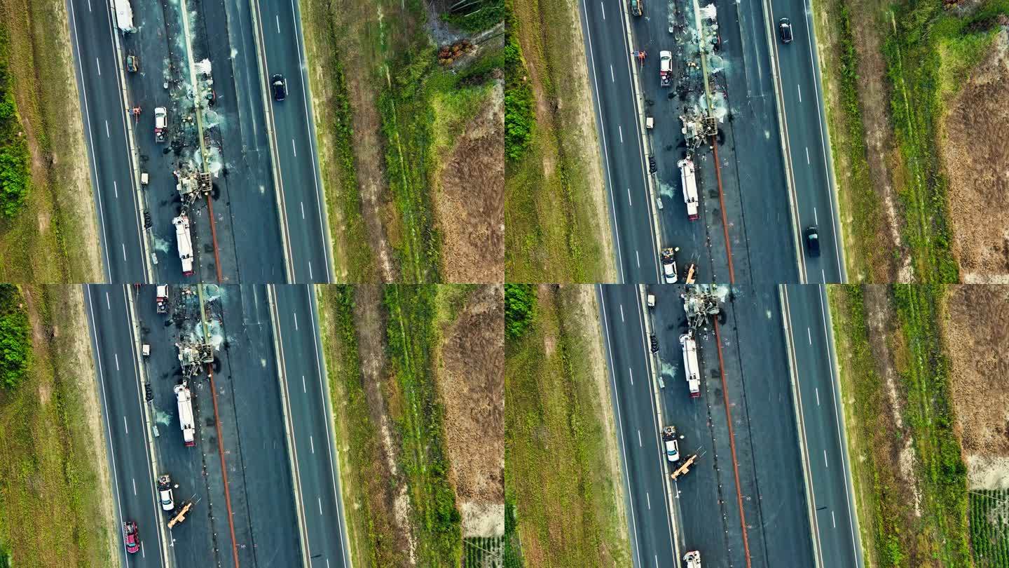 北卡罗来纳州高速公路的道路施工。稀疏的车辆沿着侧车道行驶。前视图。航拍镜头与平移相机运动