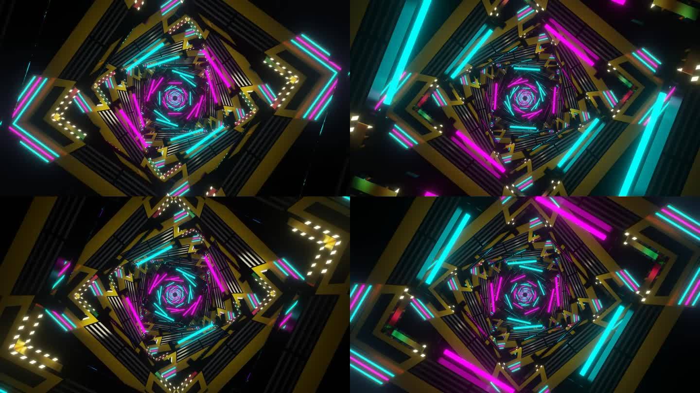 金色和粉红色和青色科幻霓虹灯辉光方形螺旋背景VJ循环在4K