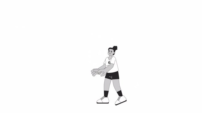 黑人女孩排球拦截bw 2D人物动画。排球运动员传球大纲卡通4K视频，alpha频道。非裔美国妇女在白