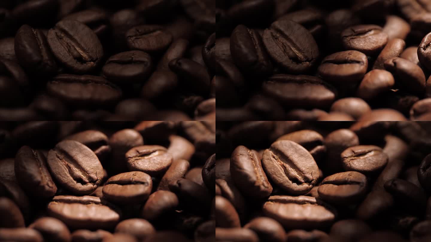 咖啡豆。光束停下来，展现出美丽的烘焙咖啡豆。微距镜头