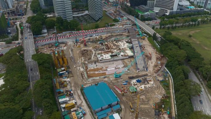 白天新加坡城市交通中心工作建筑场地航拍全景4k延时拍摄