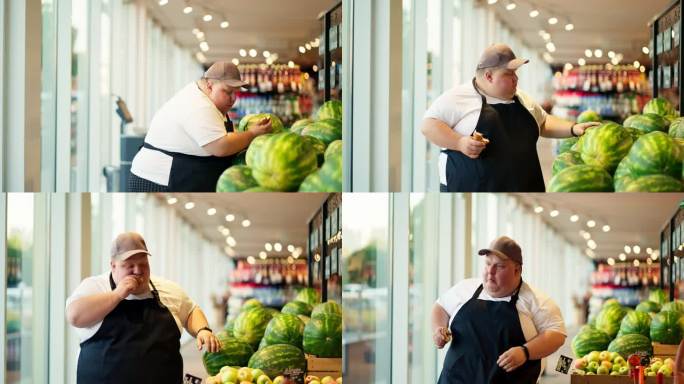 一名穿着白色t恤、系着黑色围裙、头戴灰色帽子的超重男性超市工作人员一边吃牛角面包，一边在超市柜台上整