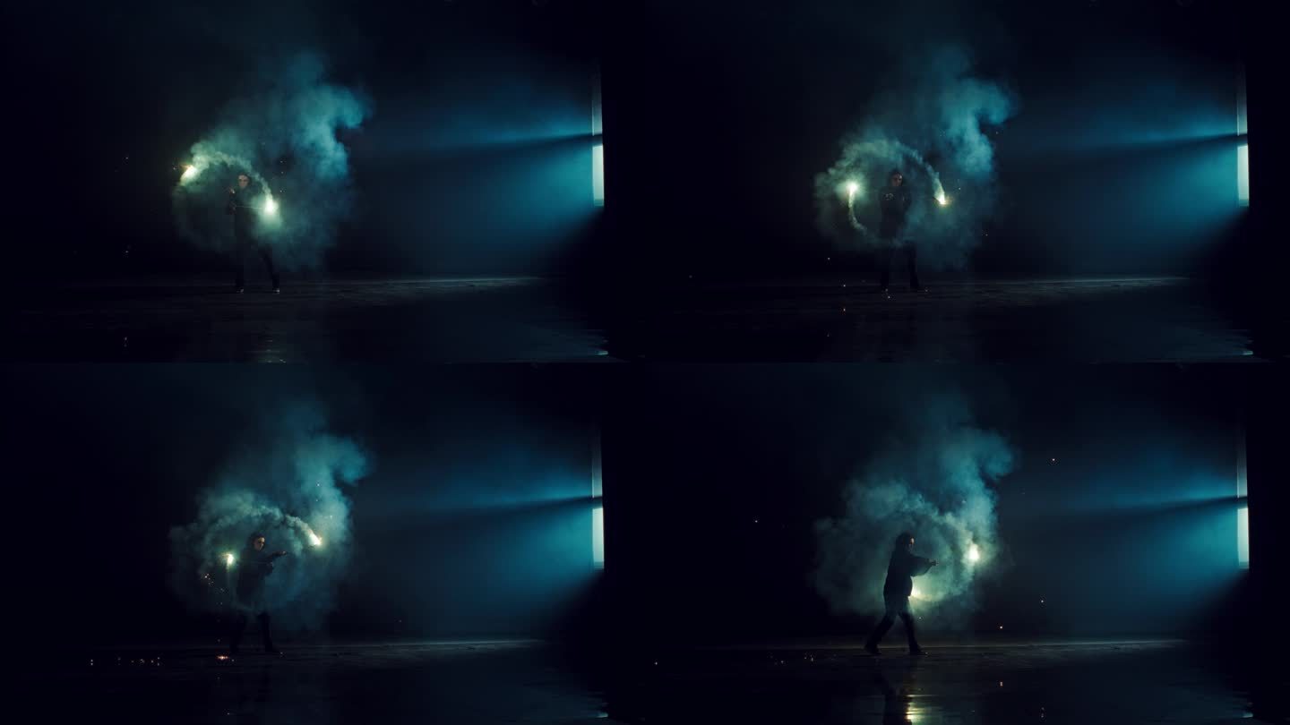 一个神秘的火舞者在黑暗的舞台上旋转火球的肖像。具有烟雾和实用火焰效果的创意艺术表演。穆迪电影超级慢动