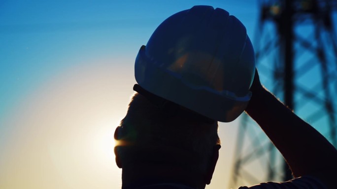 在高高的电信塔上，一个戴着头盔的男建筑工人的剪影。建筑工人在开始施工前查看施工现场。后面的观点。取下