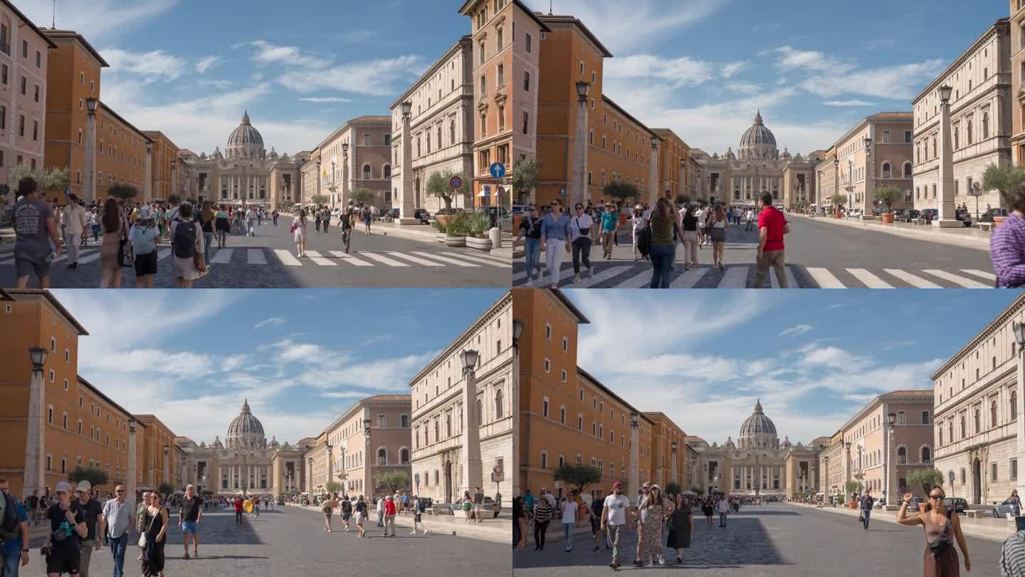 人们走在罗马梵蒂冈的街道上:蓝天下古老与现代的融合。