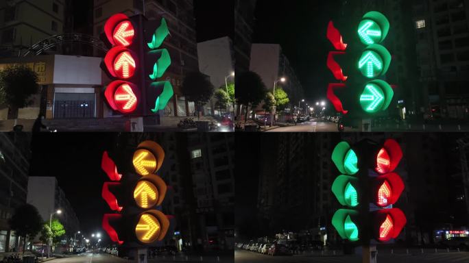 夜晚街道红绿灯交通警示灯红绿灯转换变化
