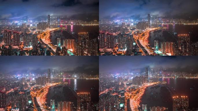 香港未来城市多云的夜空