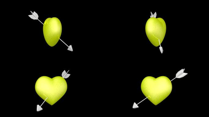绿屏上的黄心带箭头。3 d动画。坠入爱河的概念，人际关系和情人节。