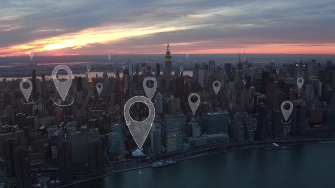 空中智慧城市。连接未来城市的本地化图标。技术理念、数据通信、人工智能、物联网。纽约的天际线。