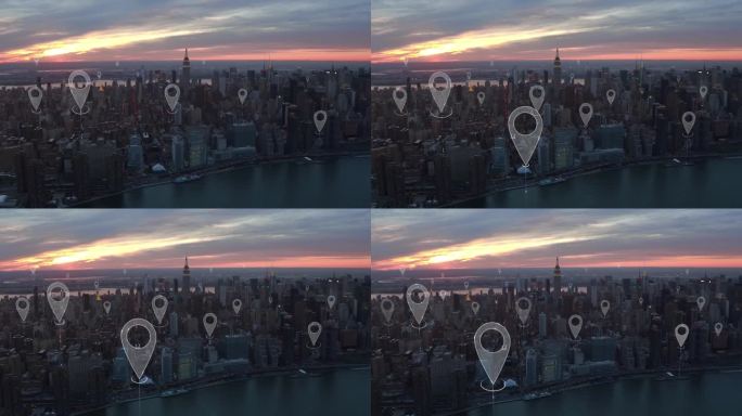 空中智慧城市。连接未来城市的本地化图标。技术理念、数据通信、人工智能、物联网。纽约的天际线。