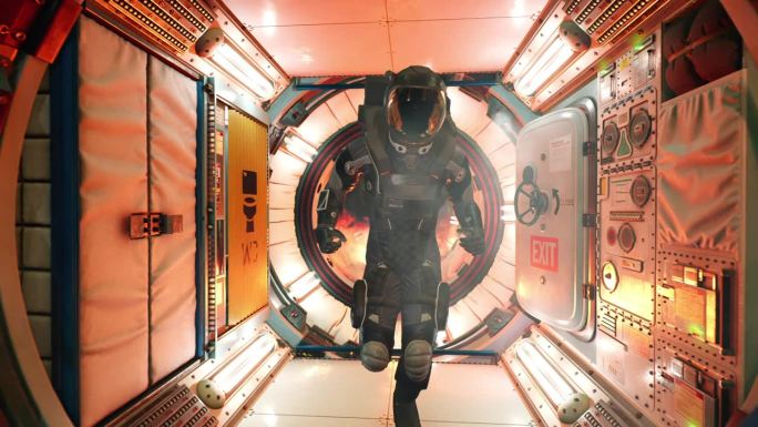 一个孤独的宇航员冲过一个燃烧的太空舱，被一场灾难性的宇宙飞船爆炸所追赶。动画适合太空旅行的背景。