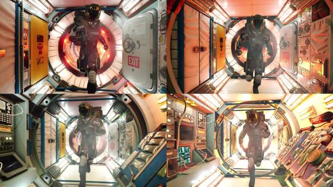 一个孤独的宇航员冲过一个燃烧的太空舱，被一场灾难性的宇宙飞船爆炸所追赶。动画适合太空旅行的背景。