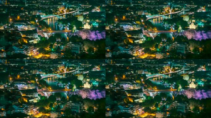 第比利斯夜晚的城市和夜晚的灯光。高架俯视图