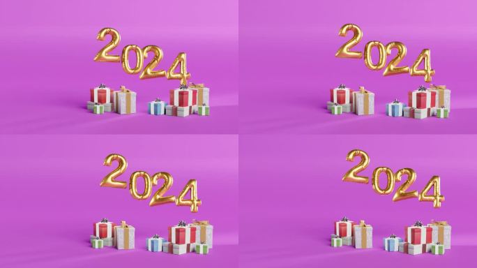 用粉色背景的金色气球和礼物庆祝2024年