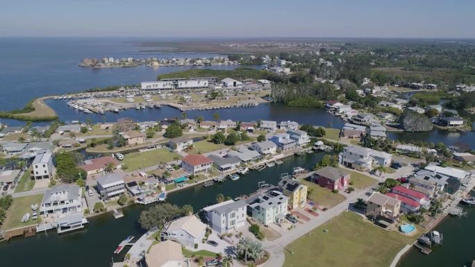 4K无人机视频(Pan Shot)的海滩公园，码头和海滨住宅在哈德逊海滩在墨西哥湾在佛罗里达州