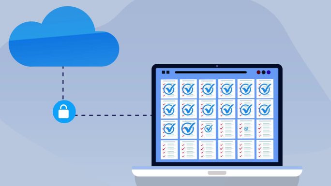 安全的云计算和安全的数据库上传到存储云。从现代笔记本电脑传输数字文件的动画。