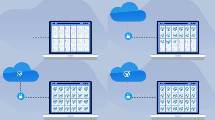 安全的云计算和安全的数据库上传到存储云。从现代笔记本电脑传输数字文件的动画。