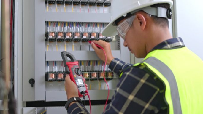 电工工程师工作测试仪，用于测量电气控制柜中电力线路的电压和电流。电工用万用表测量控制面板上的电流。