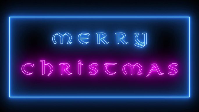 动画圣诞快乐标志。霓虹灯效果，黑色背景上的霓虹灯。