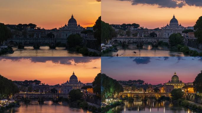 意大利罗马，翁贝托桥上的圣彼得大教堂和圣天使桥日夜延时景