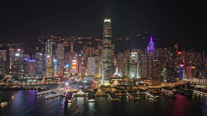 香港维多利亚港湾建筑物夜晚航拍