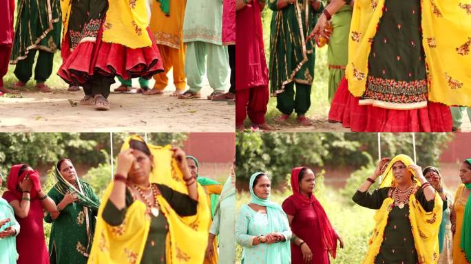 印度哈里亚纳邦，一群农村妇女跳舞庆祝Teej节