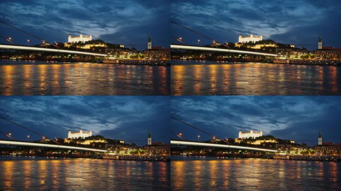 黄昏时分，斯洛伐克多瑙河上的布拉迪斯拉发城堡