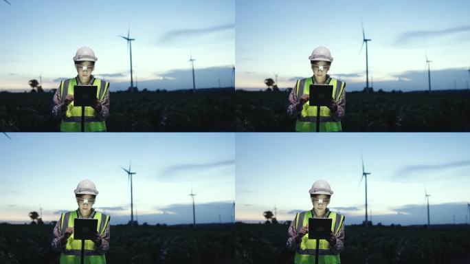 女工程师在日落的风力涡轮机农场使用数字平板电脑