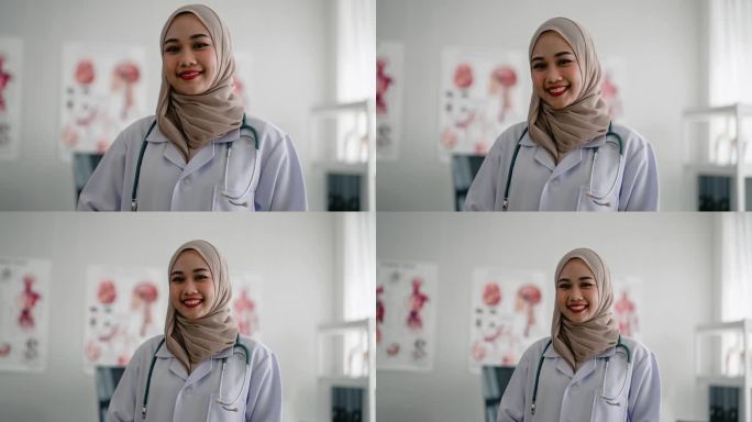 戴着头巾的穆斯林女医生站在医院微笑的肖像。