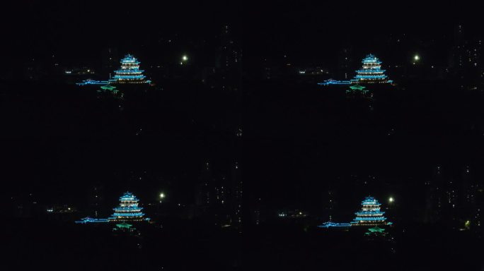 航拍长焦温岭市区建筑夜景