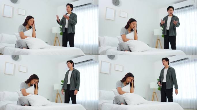 亚洲夫妇吵架，生气，在房子的卧室里生气。