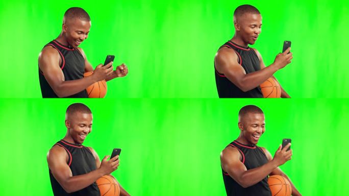 篮球，赢家和拿着手机的黑人男子在演播室的绿屏上被隔离在背景模型上。庆祝，移动和运动员与球赢得奖品，成