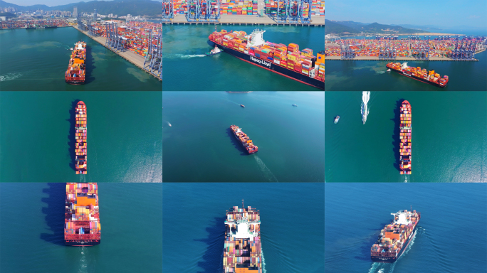 4K航拍集装箱货轮出海海上航行视频合集