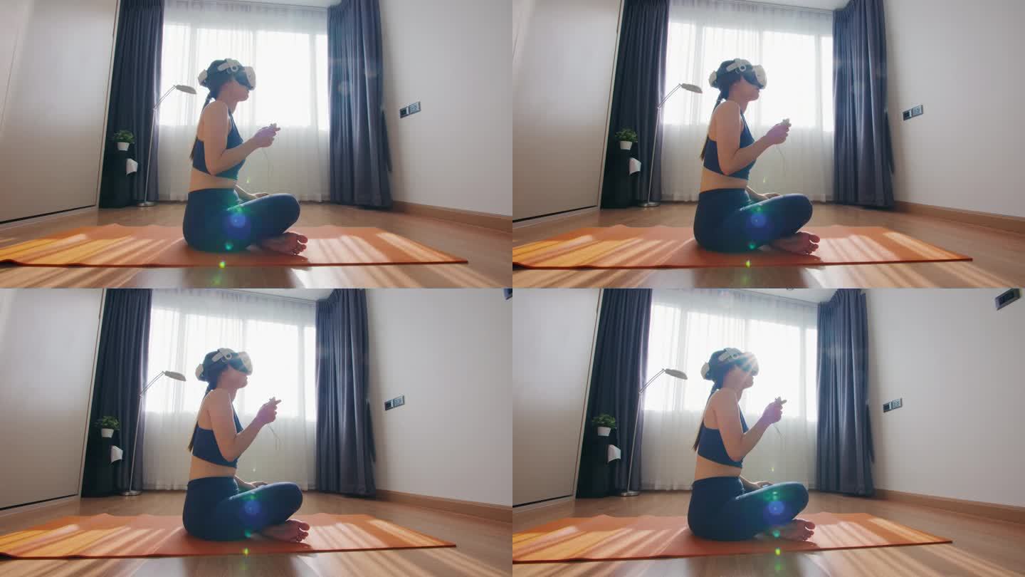 女性伸展运动在线课程锻炼瑜伽与虚拟现实在家里