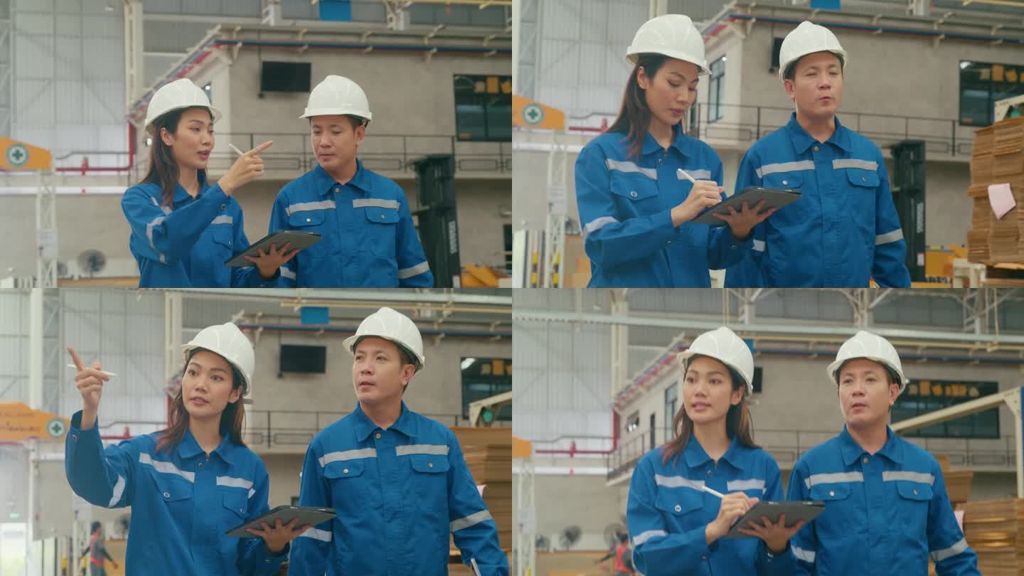 年轻的亚洲女工和男经理在制造厂边走边用平板查库存，边谈边聊。在制造厂或生产厂工作。