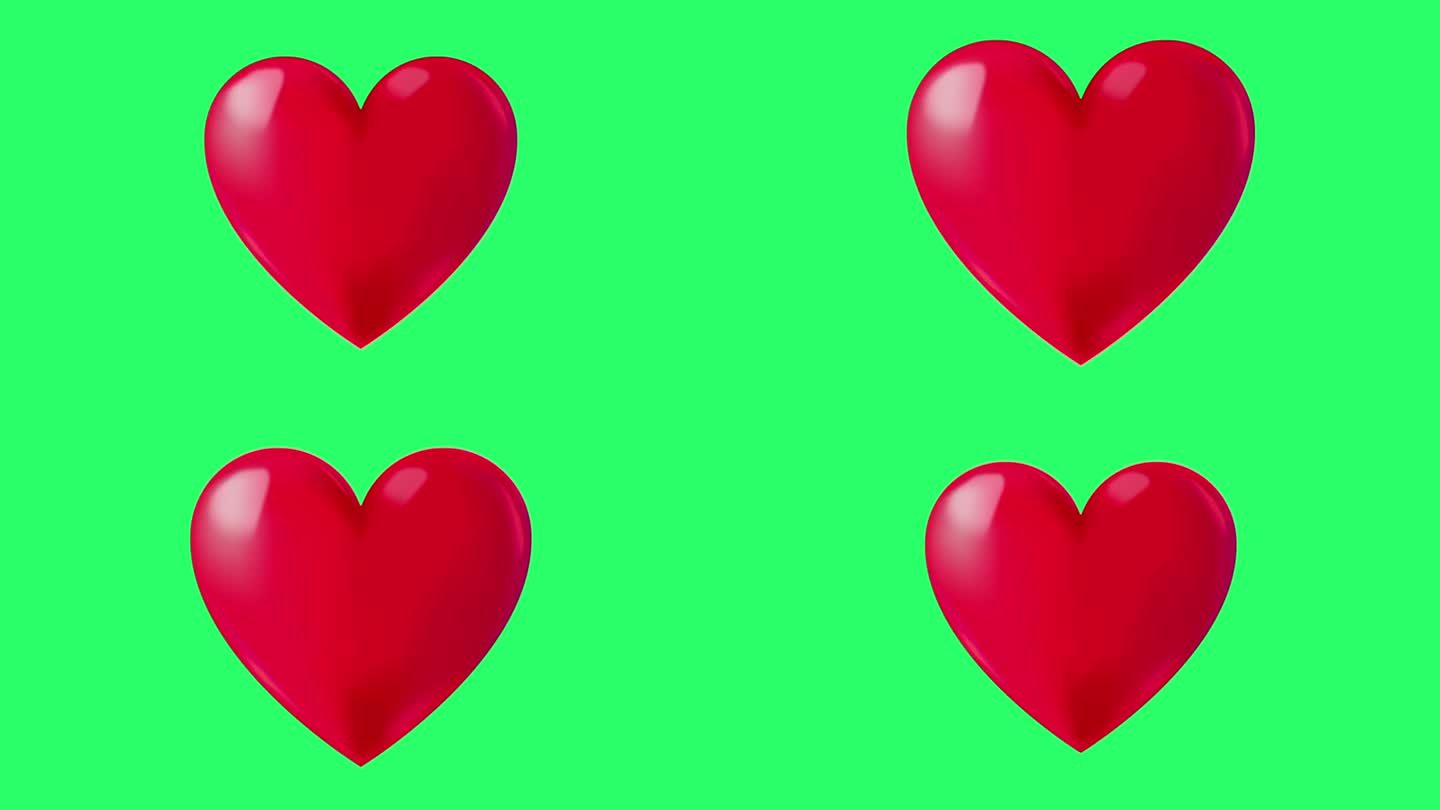 动画红色的心形漂浮在绿色的屏幕上。