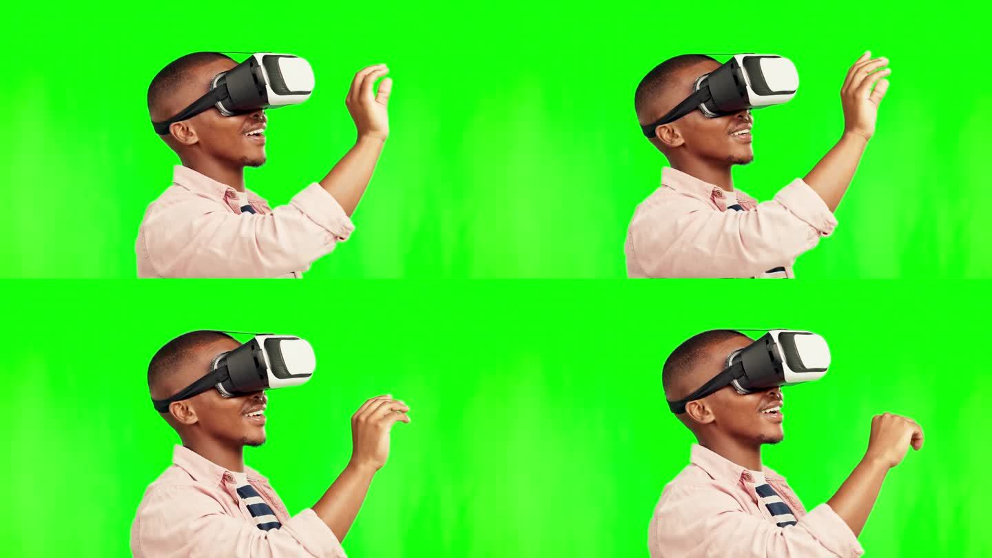 黑人，虚拟现实和数字虚拟世界的绿色屏幕上的工作室孤立的背景模型。虚拟现实，ui和快乐的非洲人与未来的