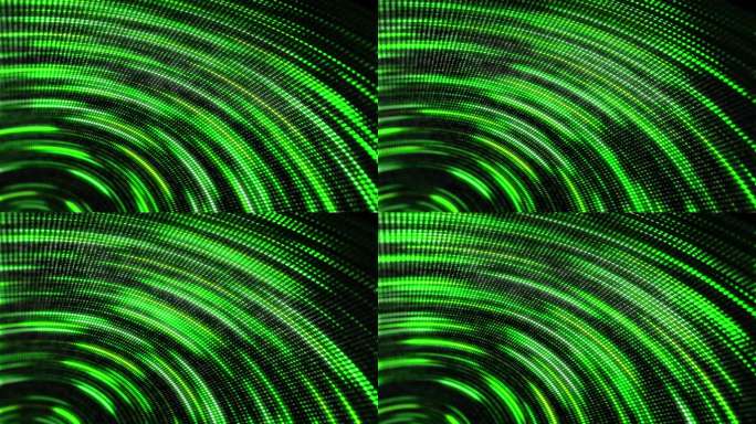 绿点和二进制代码抽象的背景发光线在圆圈中移动。循环动画。数字漩涡的像素。