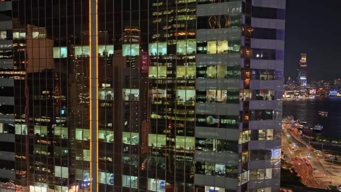 香港维多利亚港湾建筑物夜晚航拍