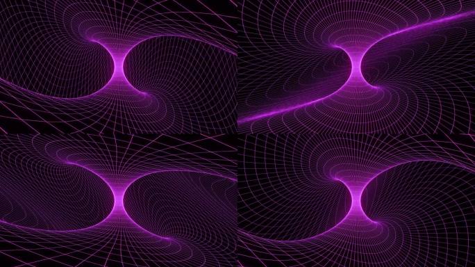 VJ循环。循环3d动画，视觉特效紫色漩涡网格，科幻。抽象循环背景。技术，VJ概念。明亮的Led灯未来