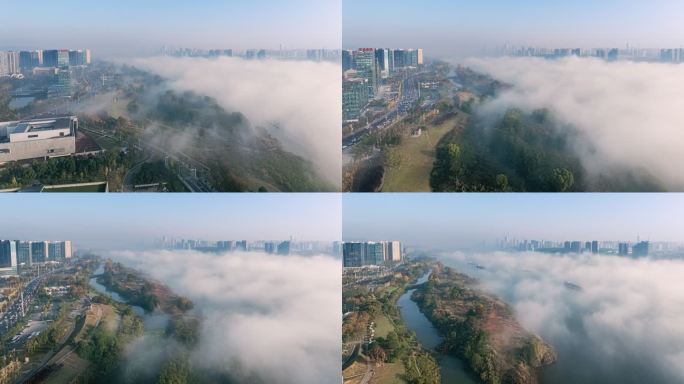 进入长沙视角，雾漫湘江航拍延时，有氛围感