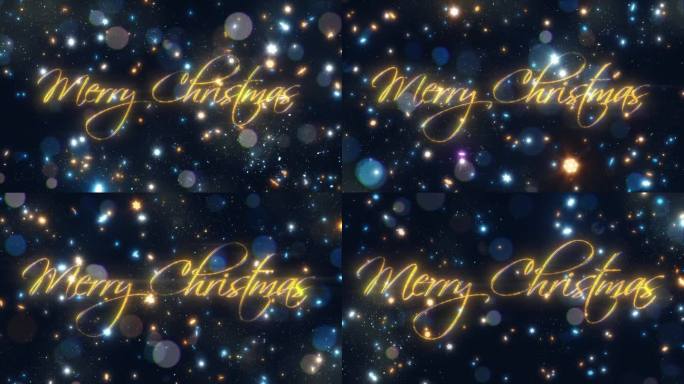 圣诞快乐的文字动画在星场背景与雪花颗粒。