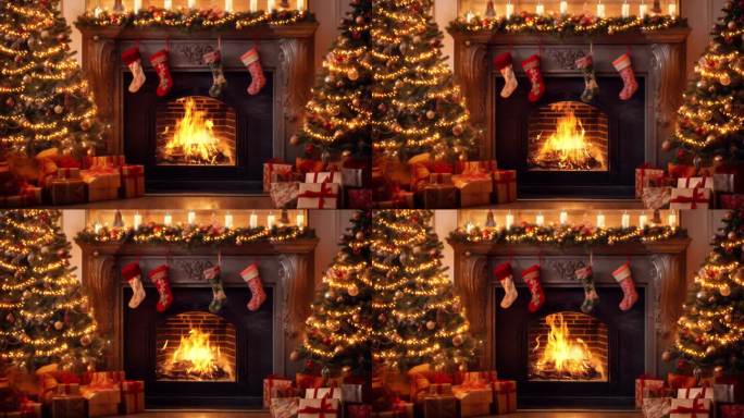 与这个视频一起进入圣诞节的温馨氛围。一个迷人的，噼啪作响的壁炉占据中心舞台，提供一个温暖，舒适的氛围