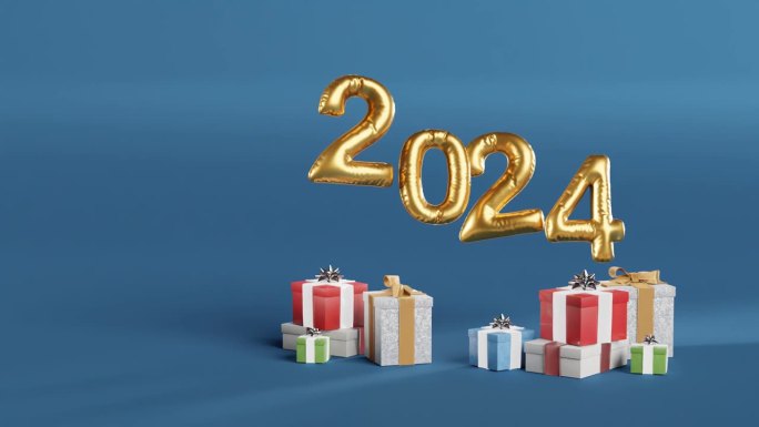 用蓝色背景的金色气球和礼物庆祝2024年