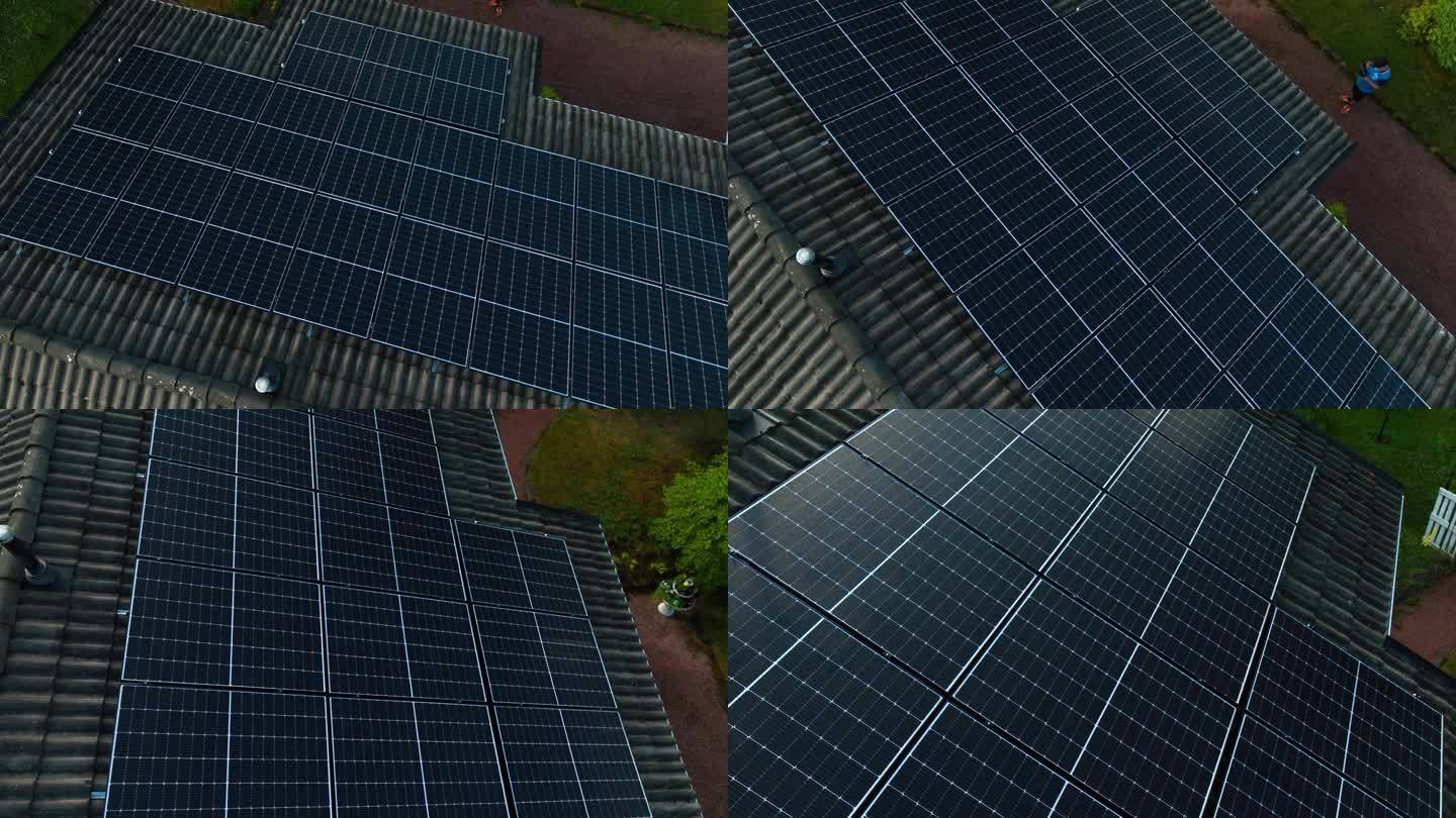 现代住宅屋顶上太阳能模块阵列上方的鸟瞰图