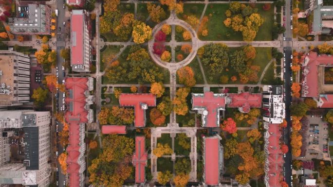 芝加哥大学鸟瞰图，俯瞰秋叶
