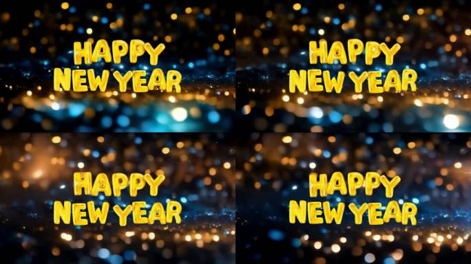 动画金色文字新年快乐和橙色光与蓝色背景。